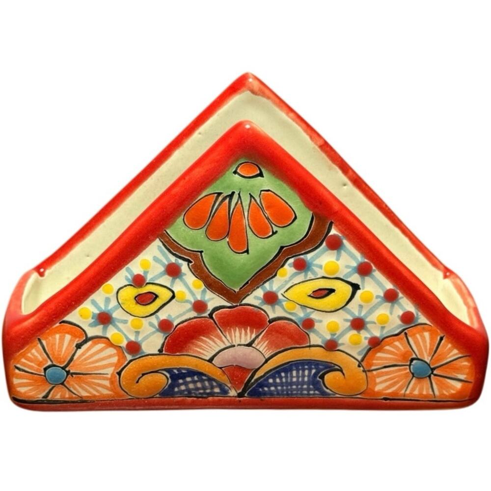 Mexican Talavera Pottery Napkin Holder Hand Painted Signed Lead Free Mexico